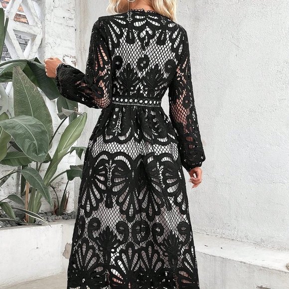 Black Preppy Womens Floral Embroidery Lantern Sleeve Dress - Picture 4 of 5